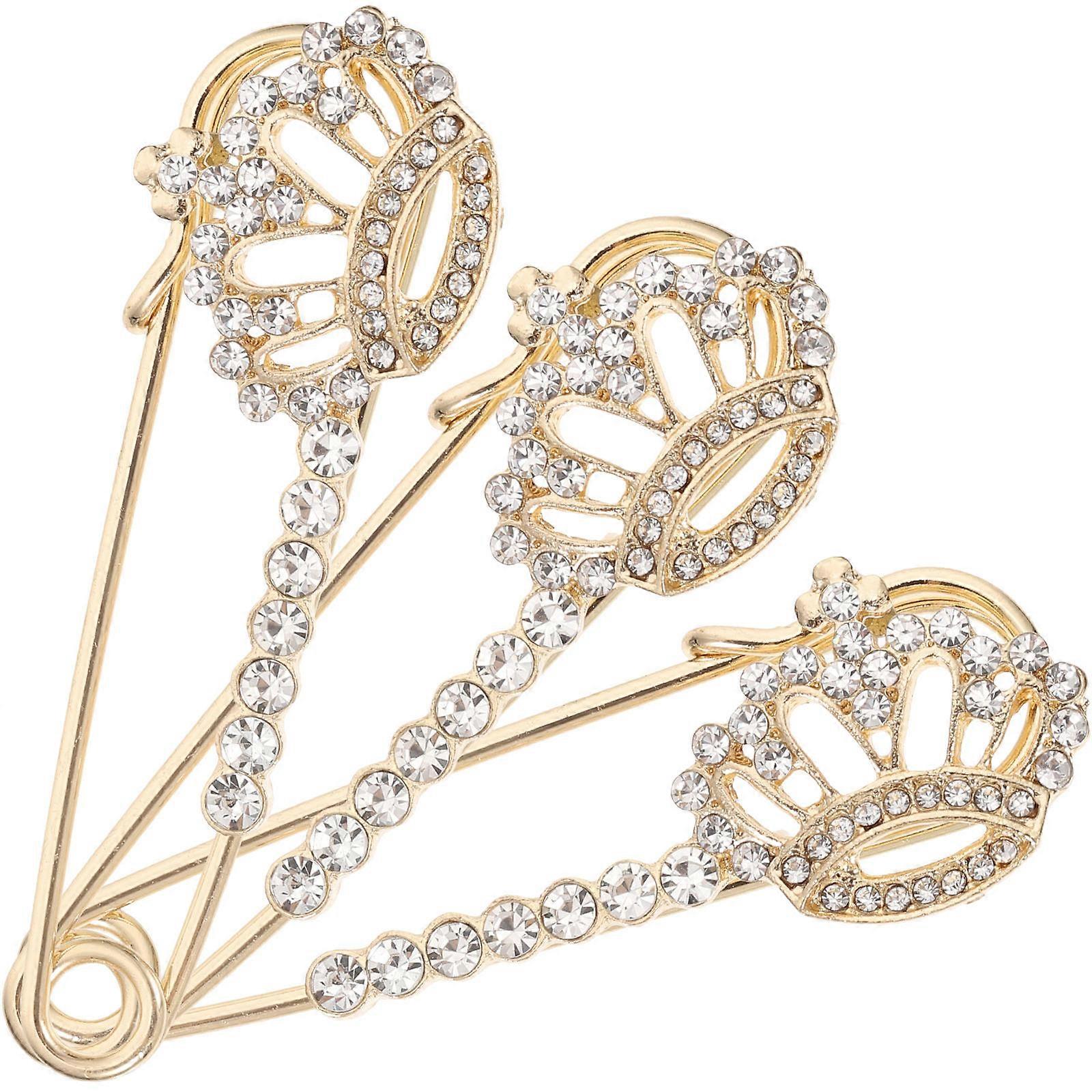 Scarf Clips for Women Crown Pin Rhinestone Brooch Safety Pin for Clothing 6.7X2cm 3Pcs