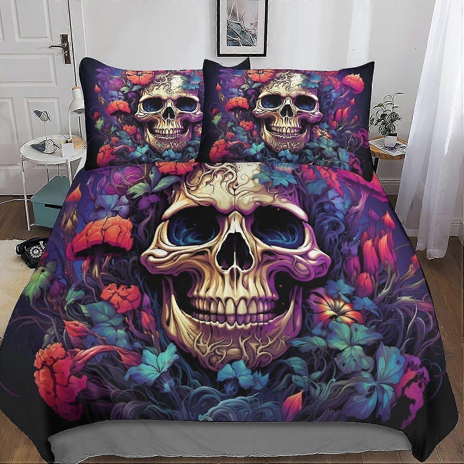 Conjunto de cama de caveira gótica Conjunto de capa de edredão para impressão 3D Capa de edredom de 3 peças respirável e macia com fecho de zíper