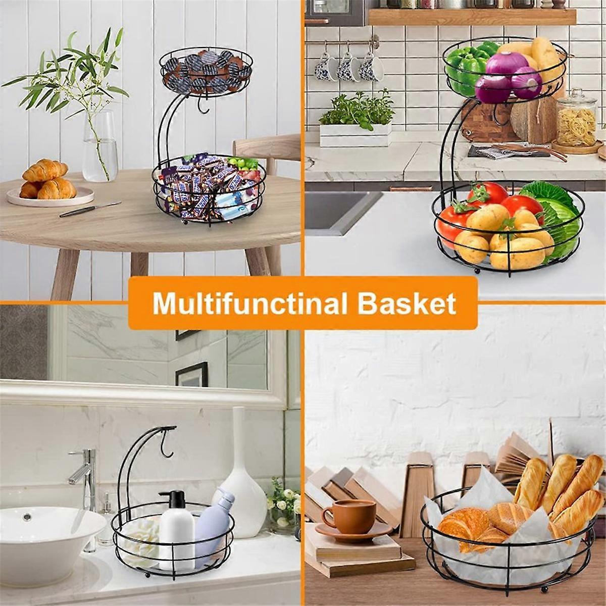 2-Tier Metal Fruit Basket For Kitchen - Gold Wire Fruit & Vegetable Holder, Decorative Storage For Counter, Bread & Snacks