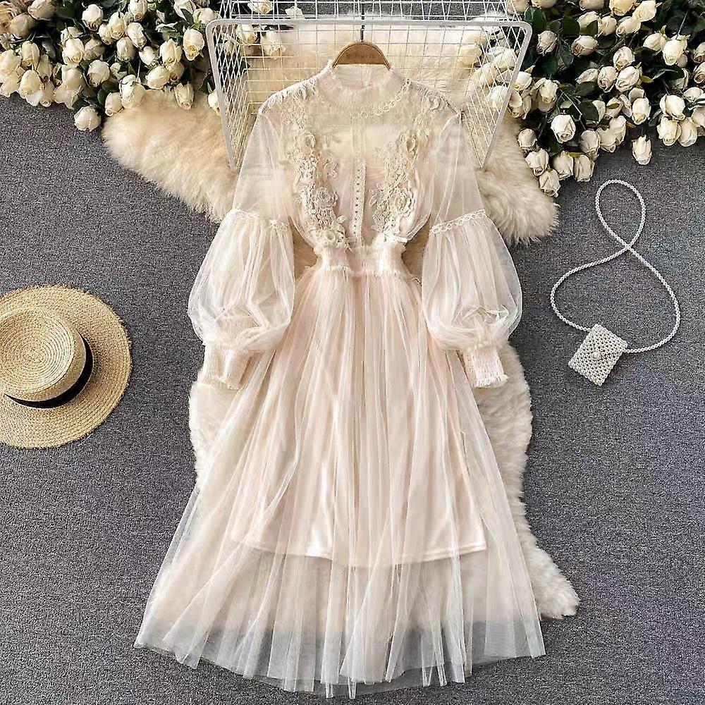 Rochie pentru femei Tridimensional Flori Plasă Temperament Guler Lanternă Manșon Rochii cu talie înaltă