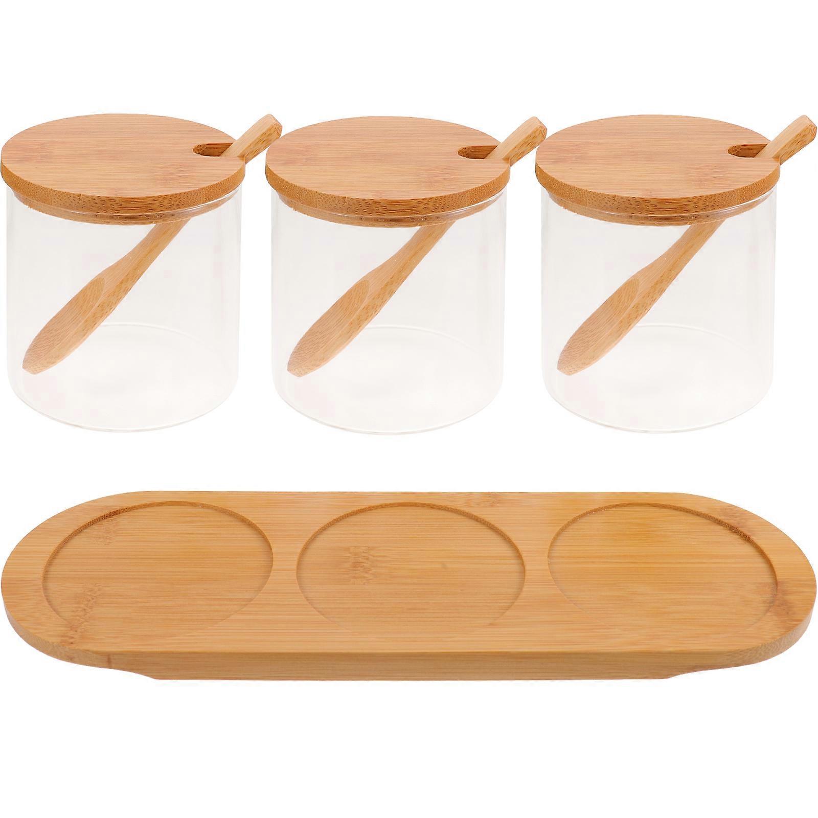 Bamboo and Glass Sugar Container with Lid and Tray for Home Kitchen 1 Set