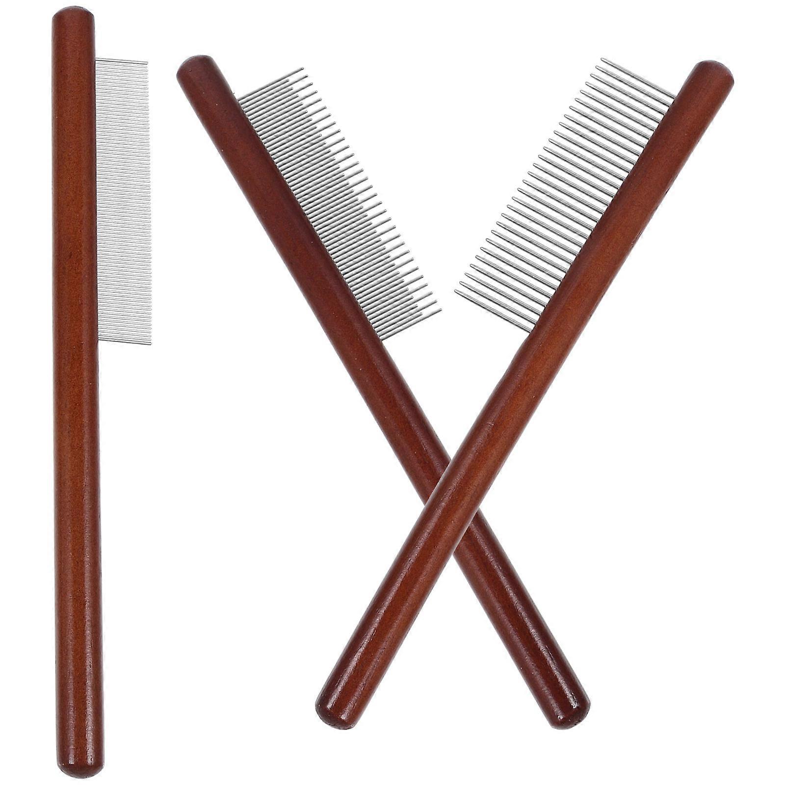 Wooden Dog Grooming Comb Set with Stainless Steel Teeth for Small Pets Convenient Portable Use Brown