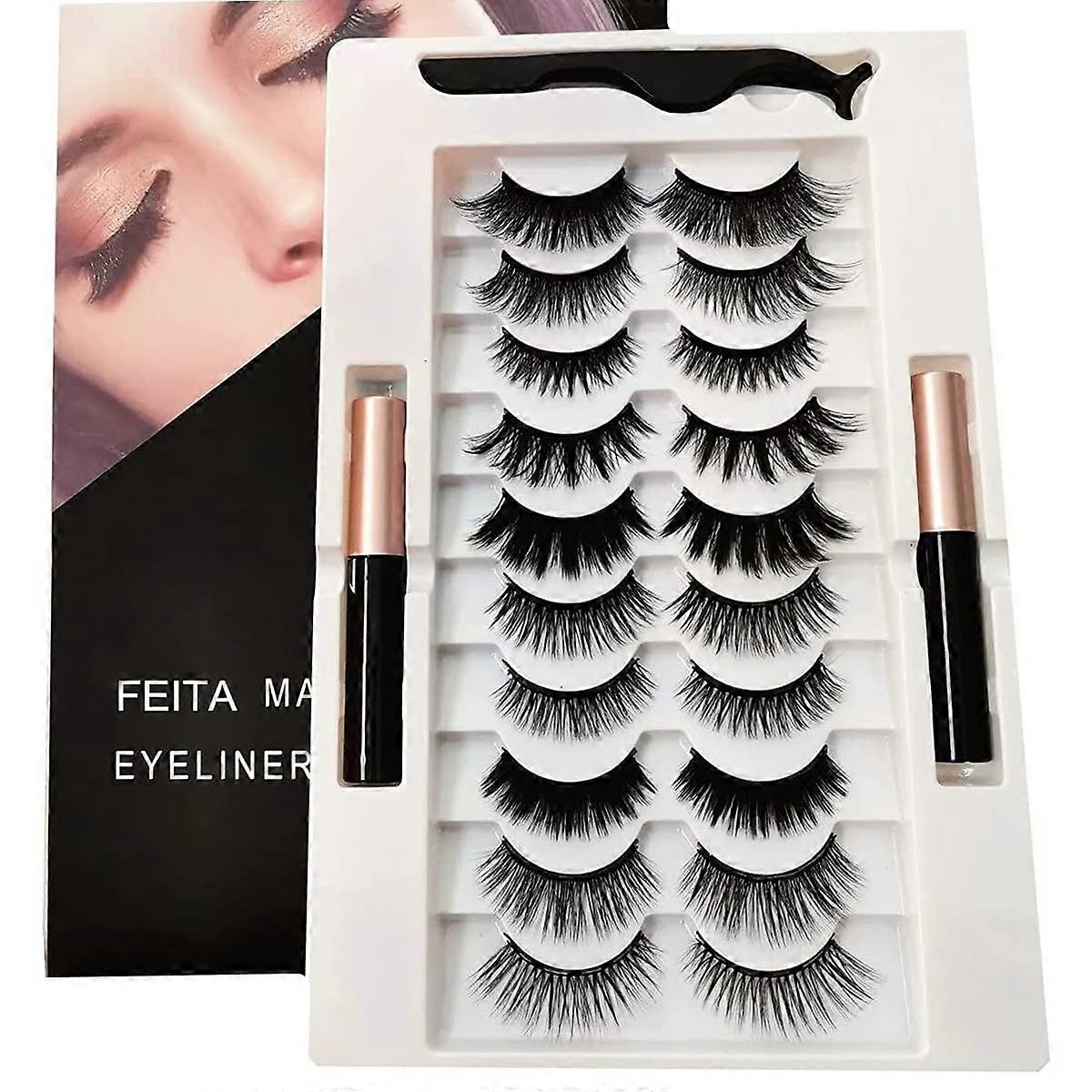 Upgraded Magnetic Eyelashes Set with Eyeliner- 10 Pairs Magnetic False Eyelashes Natural Makeup with Applicator, 2 Tubes of Magnetic Eyeliner- E