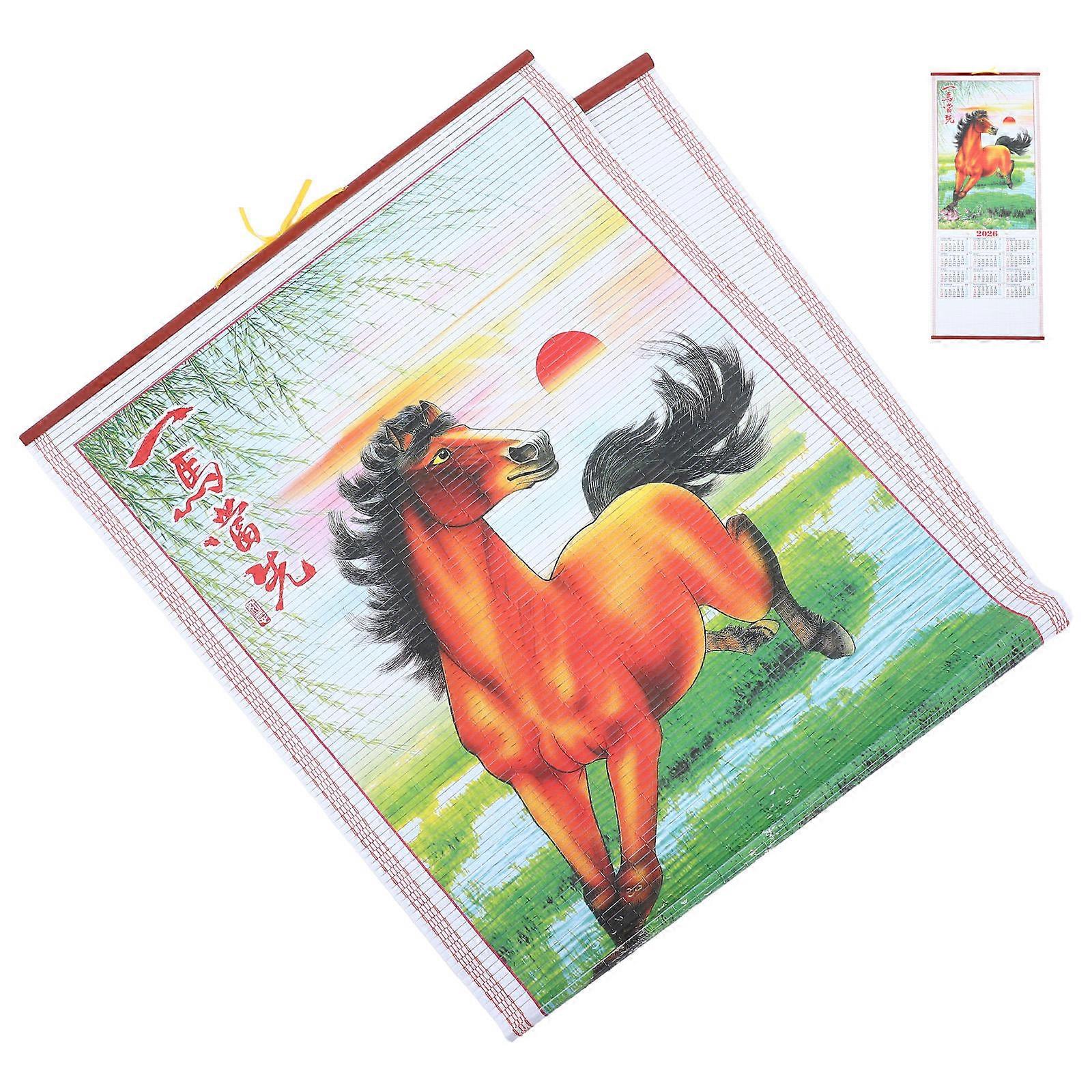 Horse Year Wall Calendar High Resolution Faux Rattan Hanging Scroll Chinese Lunar Year Decoration for Living Room Office Cultural Charm