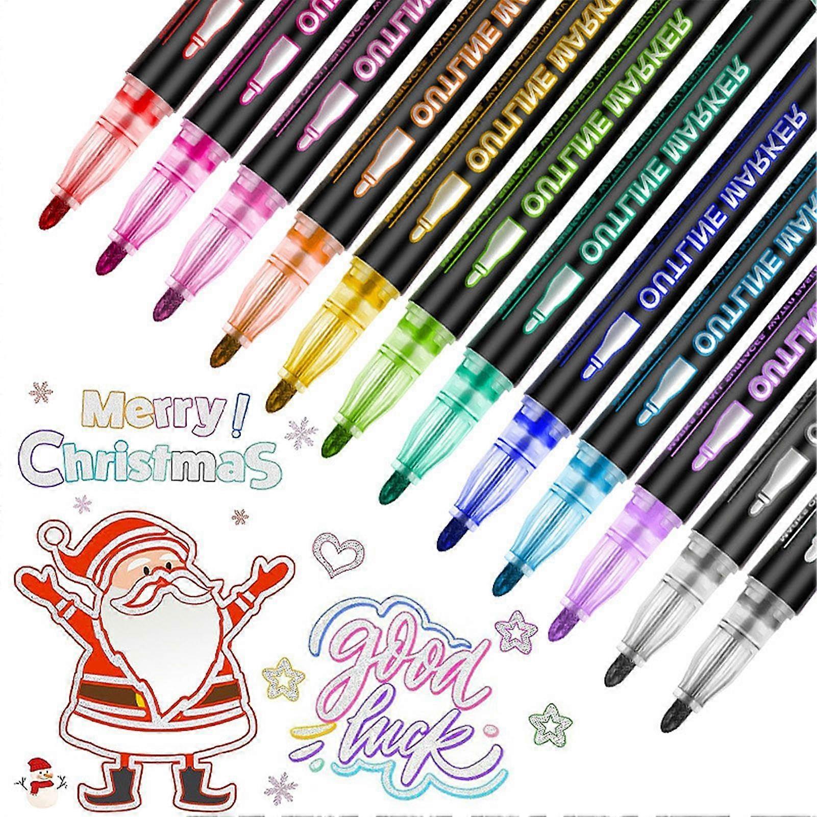 Coloring Lightstick Graffiti Textmarker Set, 12 Double-Line Outline Markers, Metallic Glitter Pens for Drawing and Greeting Cards