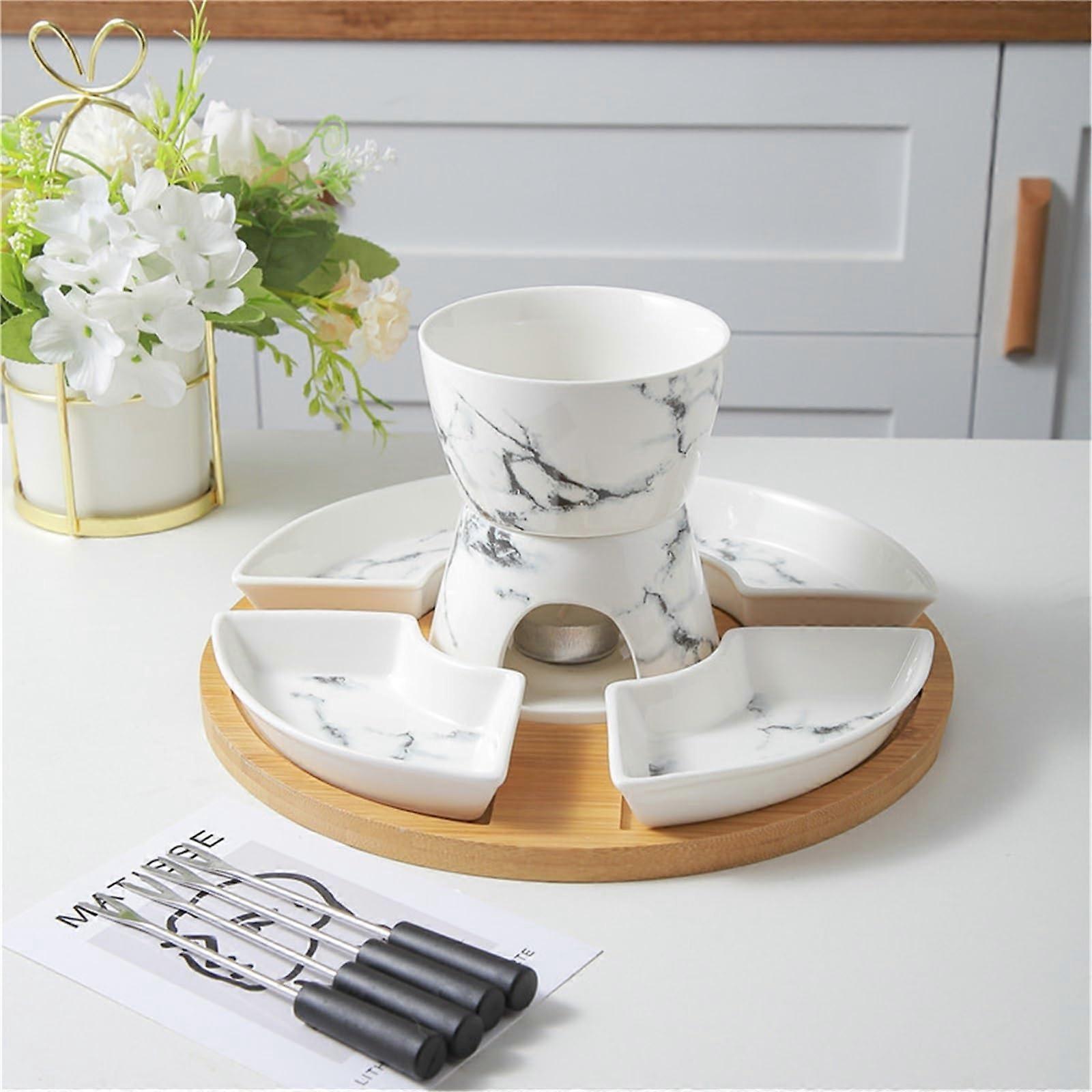 Ceramic Butter Warmer Set, Cheese Fondue Sets Diy Cheese Fondue Sets, Chocolate Melting Pot with Forks for Parties, Festivals, Home Use(Set 5)