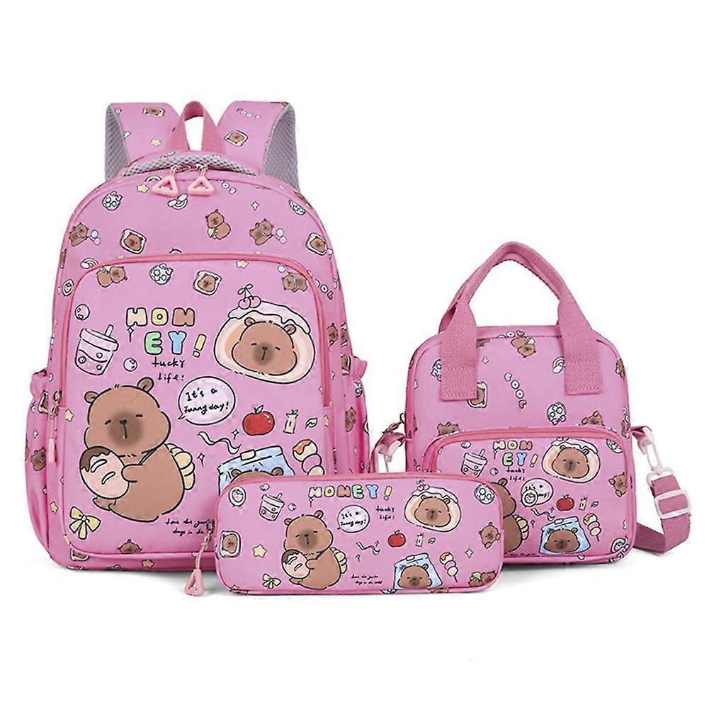 Capybara Children Backpack Set 3-Part School And Leisure Cartoon Design Lunch Bag With Feather Pencil Case Rosenrot