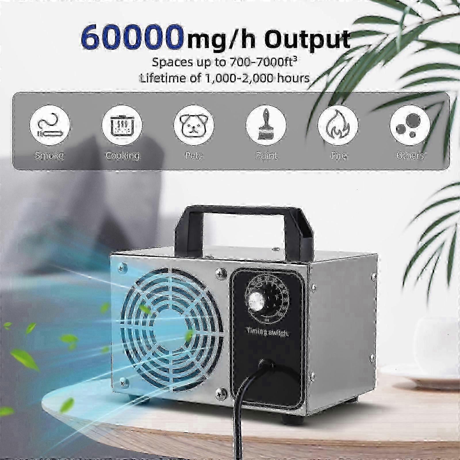 60.000mg/h γεννήτρια όζοντος ανοξείδωτου με χρονοδιακόπτη & λαβή για το σπίτι, το αυτοκίνητο &; τα κατοικίδια ζώα