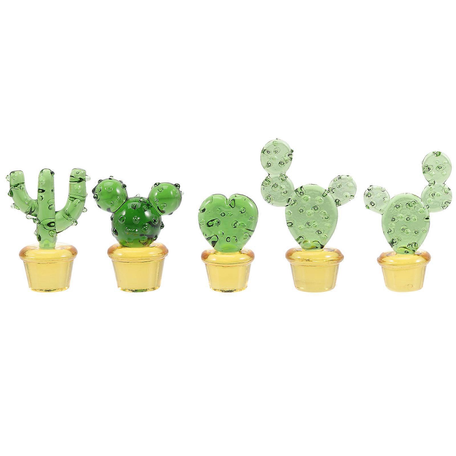 Tiny Glass Figurines Mini Cactus Potted Plants for Decoration 5Pcs