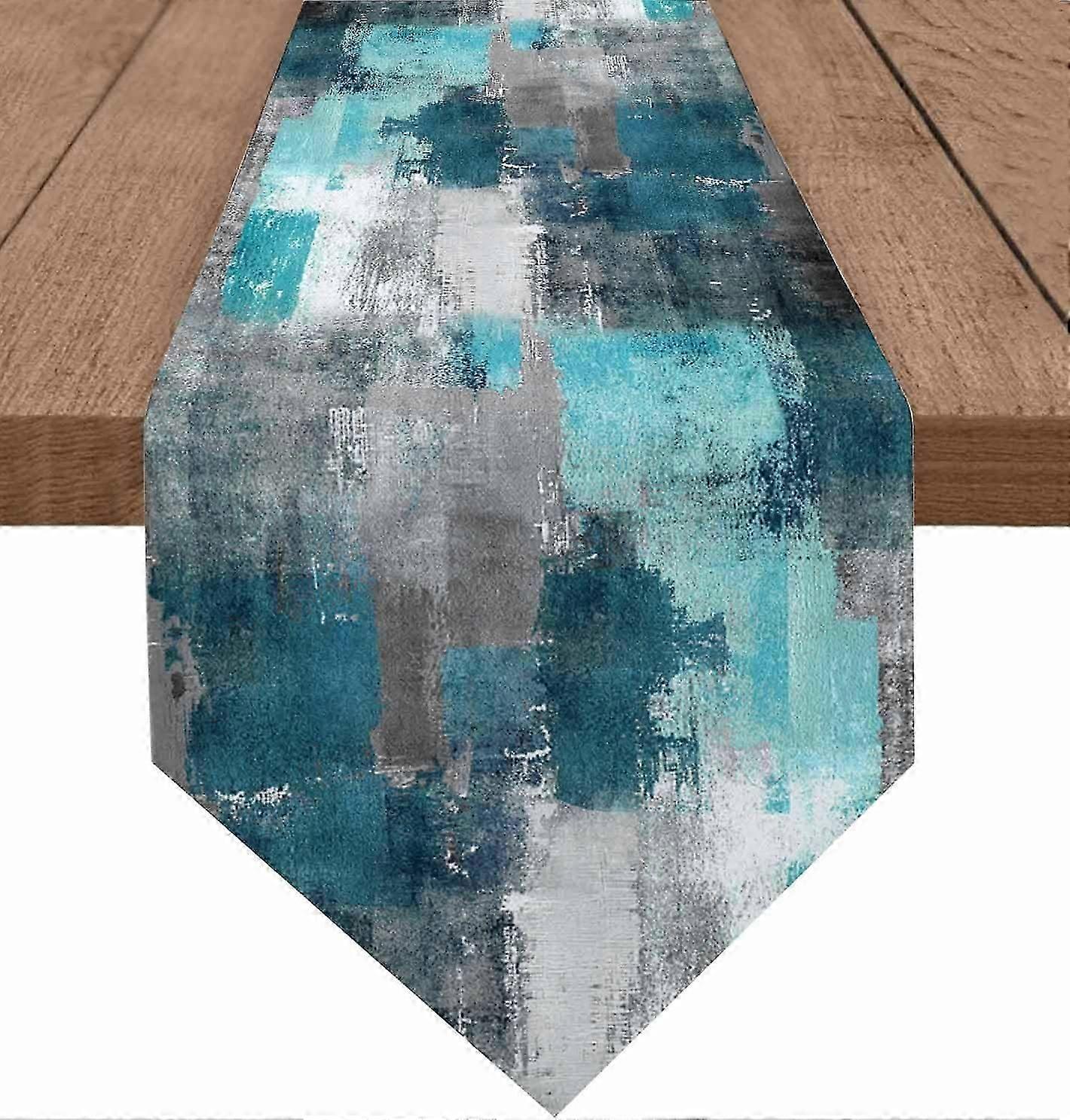 Teal Gray Table Runner Farmhouse Style Burlap Table Runner Modern Abstract Art