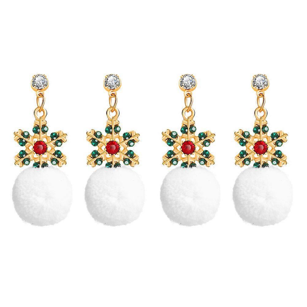 Snowflake Earrings for Christmas Decor Use 2Pairs with Fuzzy Ball Pendant