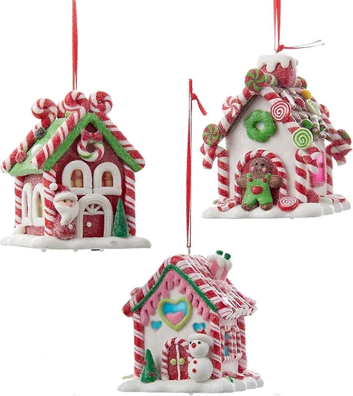 Holiday Decorative Batter Operated Gingerbread LED Candy House Hanging Accessory Christmas Tree Ornament Set with String Hanger (3 Pack)