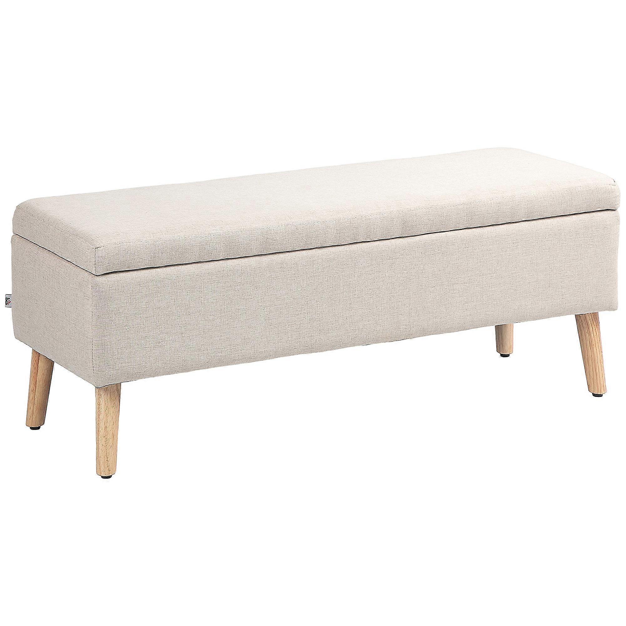 Beige Linen Look Storage Bench Cushion 110x39x45cm Solid Rubberwood
