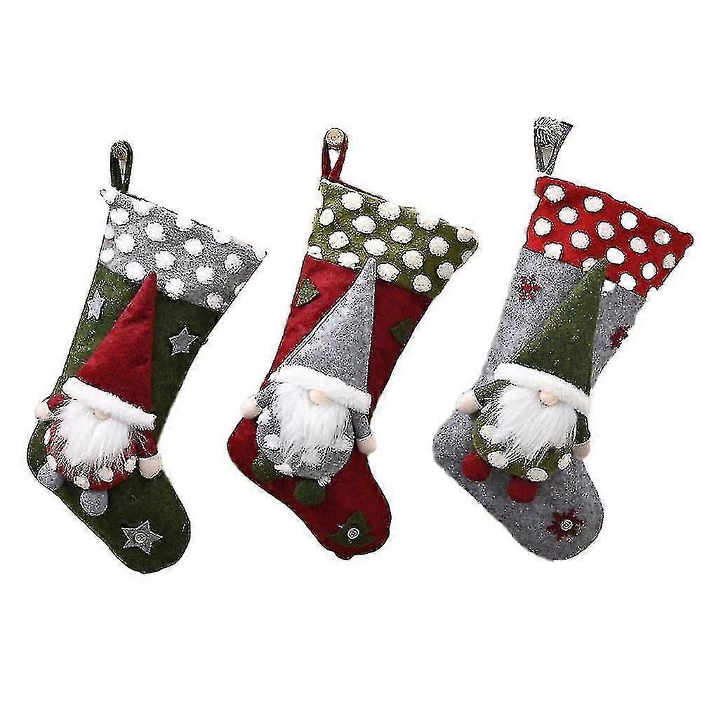 クリスマスストッキング3パック、家族のクリスマスデコレーションのための3Dノームサンタクリスマスストッキング(ruipei)
