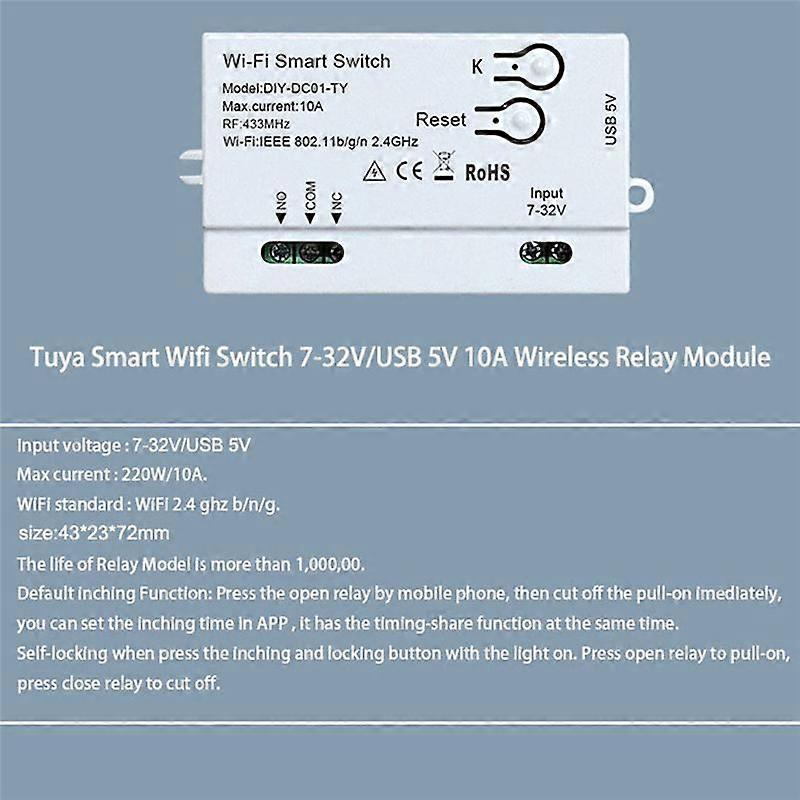 Tuya WiFi Smart Switch DIY Timer 1CH 7-32V USB 5V 2.4G WiFi Smartlife Home Automation Module for Ale