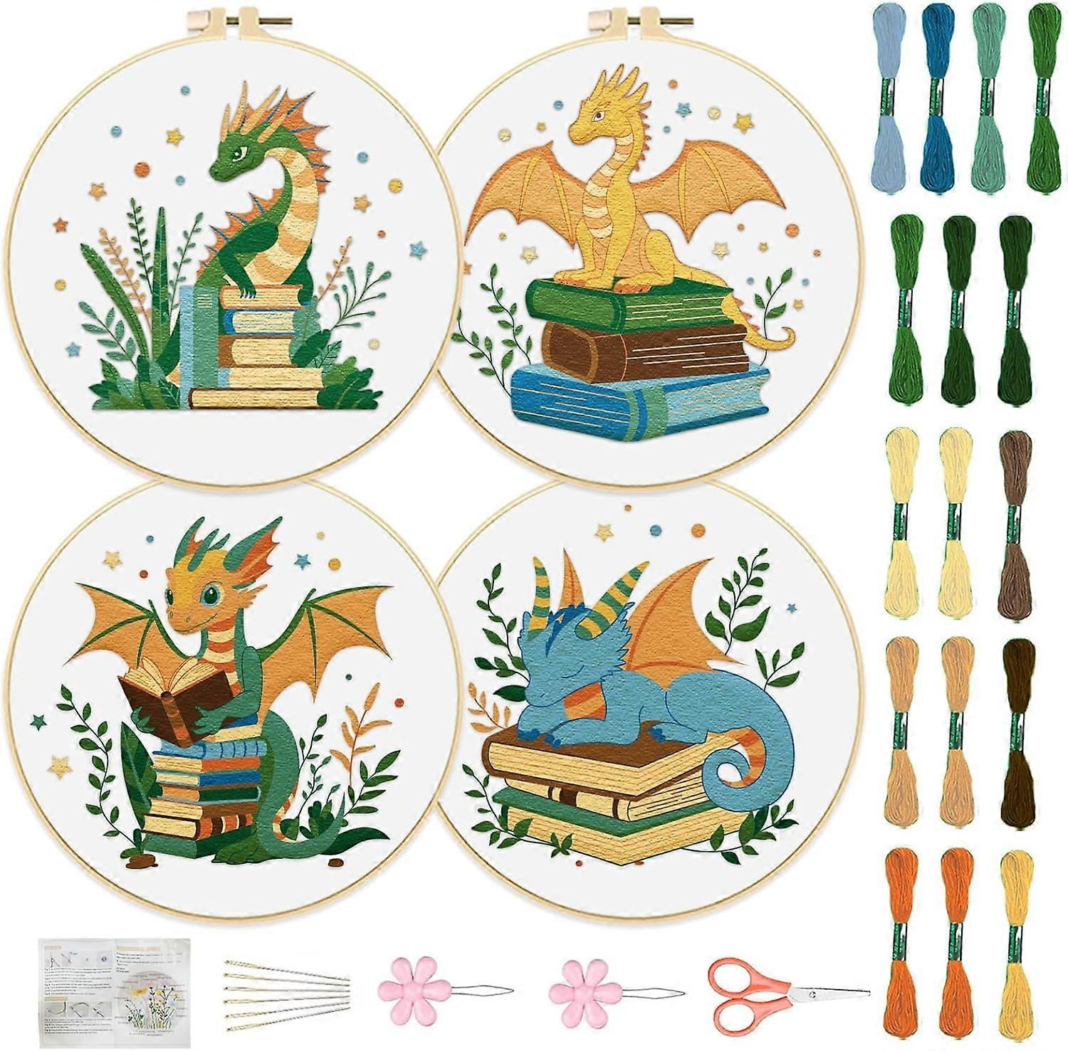 4 Set Book Embroidery Kit with Stamped Cartoon Dragon & Book Pattern, Cross Stitch for Beginners, 30cm, Instructions Included
