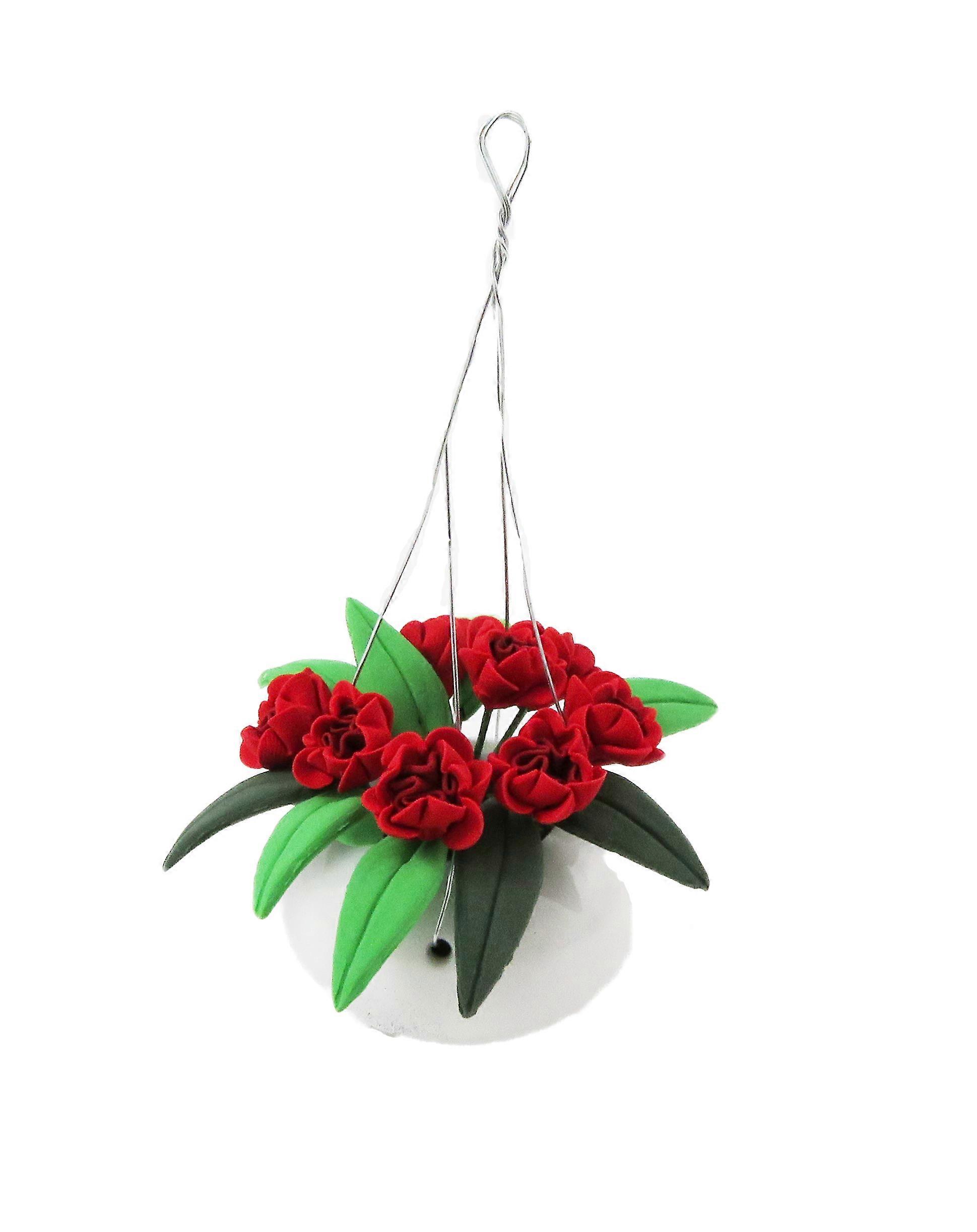 玩偶屋红色开花植物白色吊篮家居或花园配件