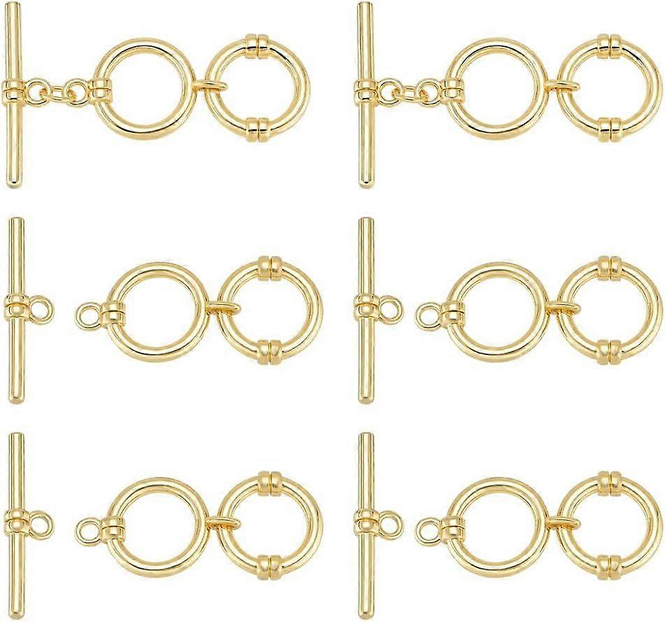6 Pcs Real 14K Gold Plated Brass Toggle Clasps with Jump Rings 1.6 Inch 2 Round Rings Adjustable T-Bar Closure Clasps for Necklaces Bracelets DIY Jewe