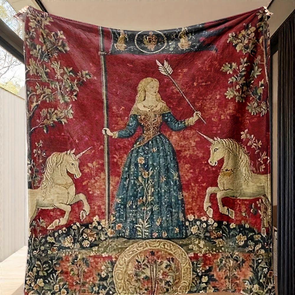 Medieval Lady and Unicorn Tapestry 50x40 Inches - Ultra-Soft Comfortable Vintage Design with Floral Patterns and Feather-PLKJD348