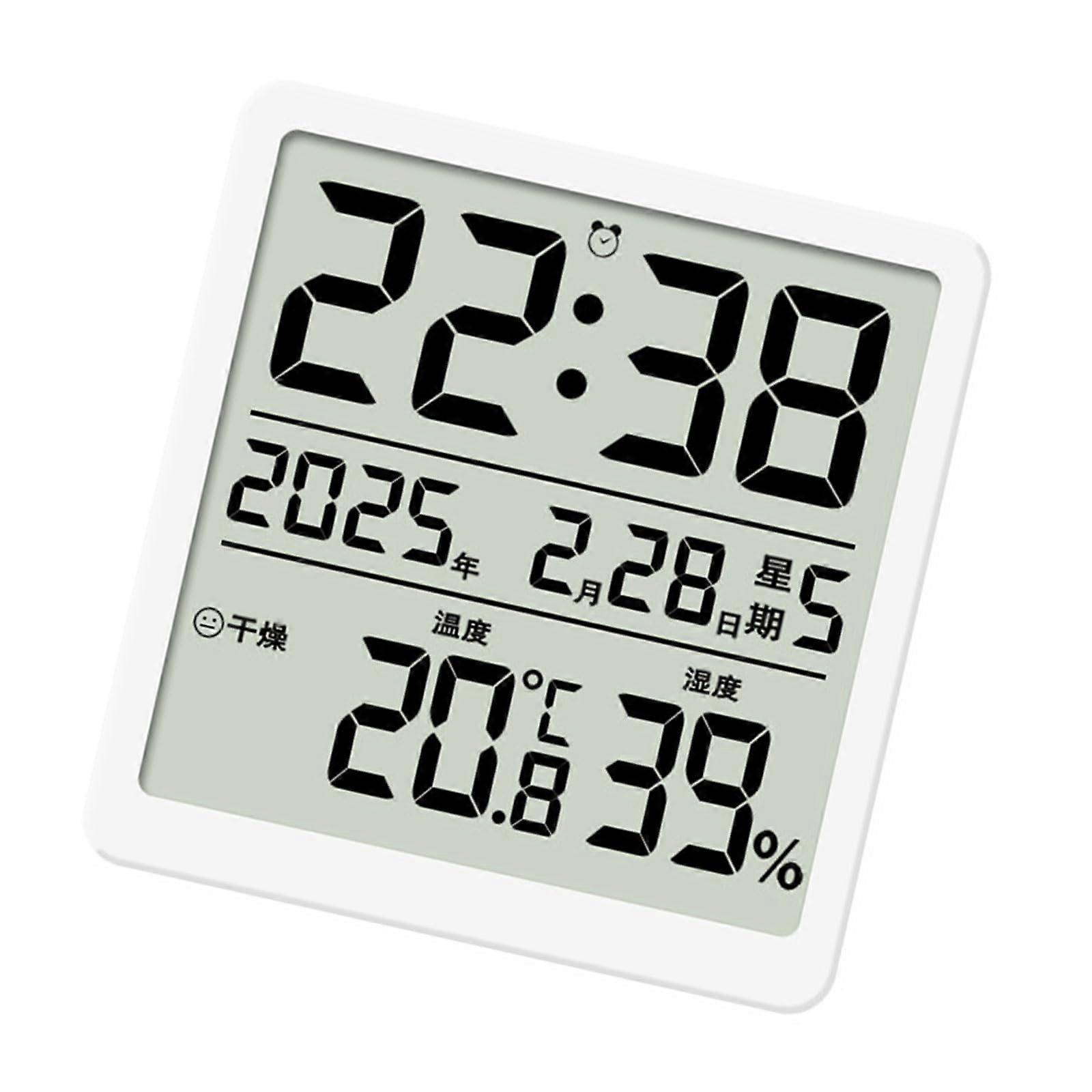 Digital Wall Clock with LCD Display, Temperature and Humidity Monitor, Battery Operated, White