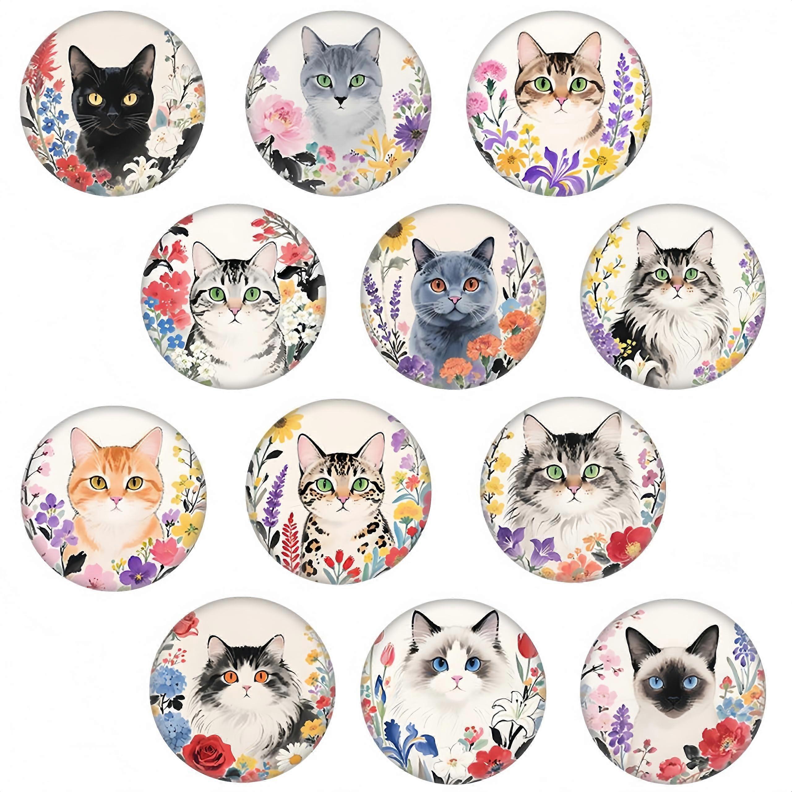 12 Pack Cat Refrigerator Magnets with Adorable Cat Illustrations and Floral Patterns, Strong Round Design for Kitchen, Office, Whiteboard