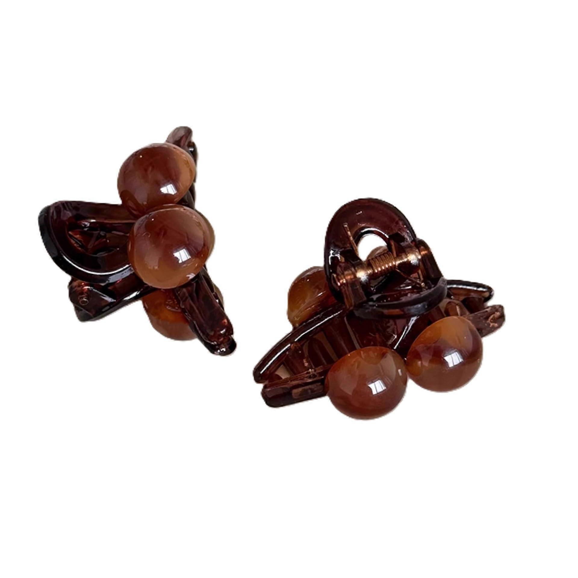 Mini Hair Claw Clips with Brown Pearl Beads, Tortoise Shell Pattern, Secure Hold, 2 Pack