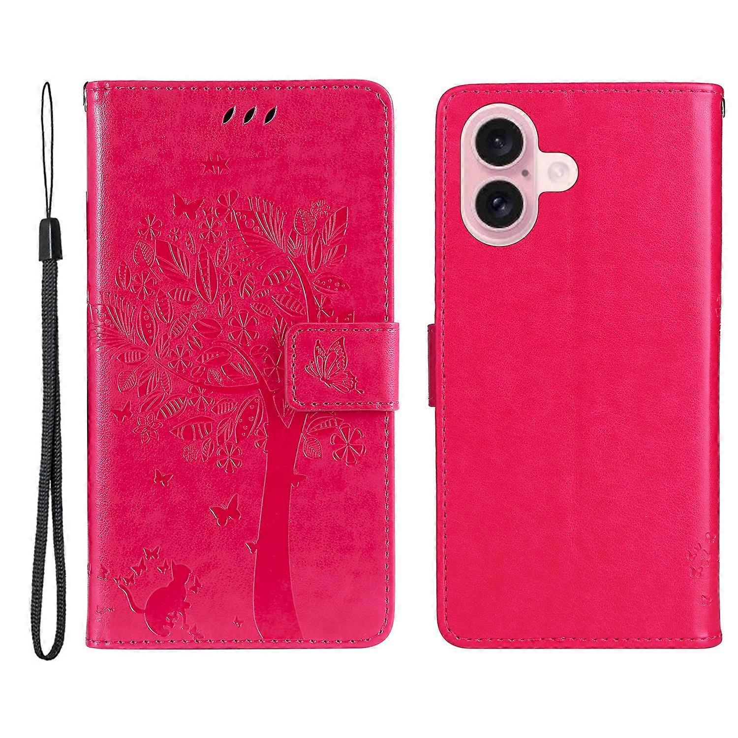 For iPhone 16 Phone Case with Stand Cat Tree Pattern Leather Wallet Mobile Cover