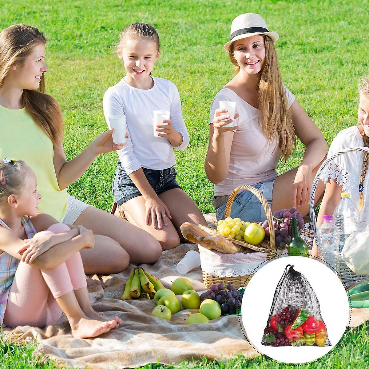 Polyester Mesh Bundle Pocket Drawstring Bag for Shopping 6Pcs Black