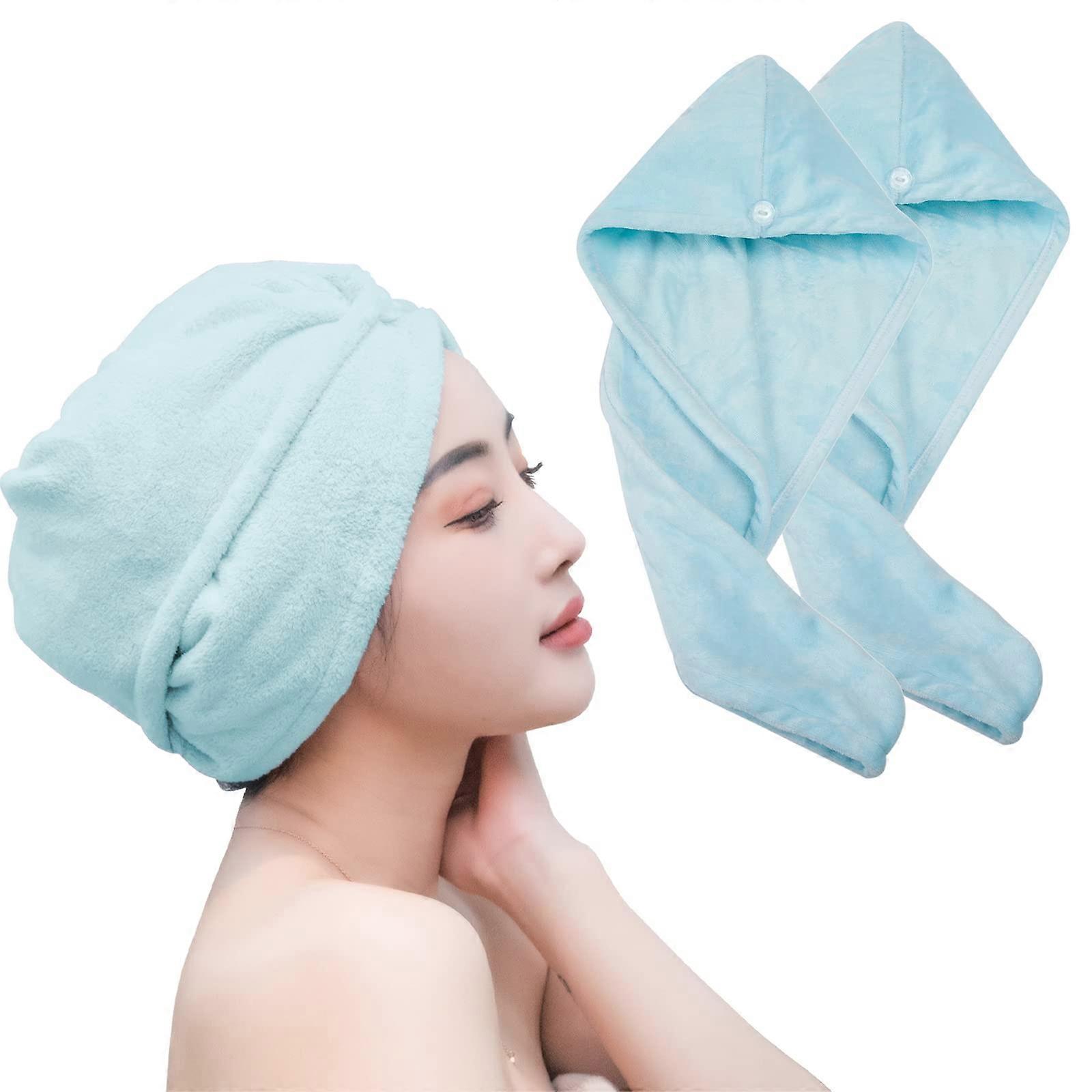 Super Absorbent Microfiber Hair Towel Wrap Quick Drying with Button Loop for Women, Blue, 2 Pcs