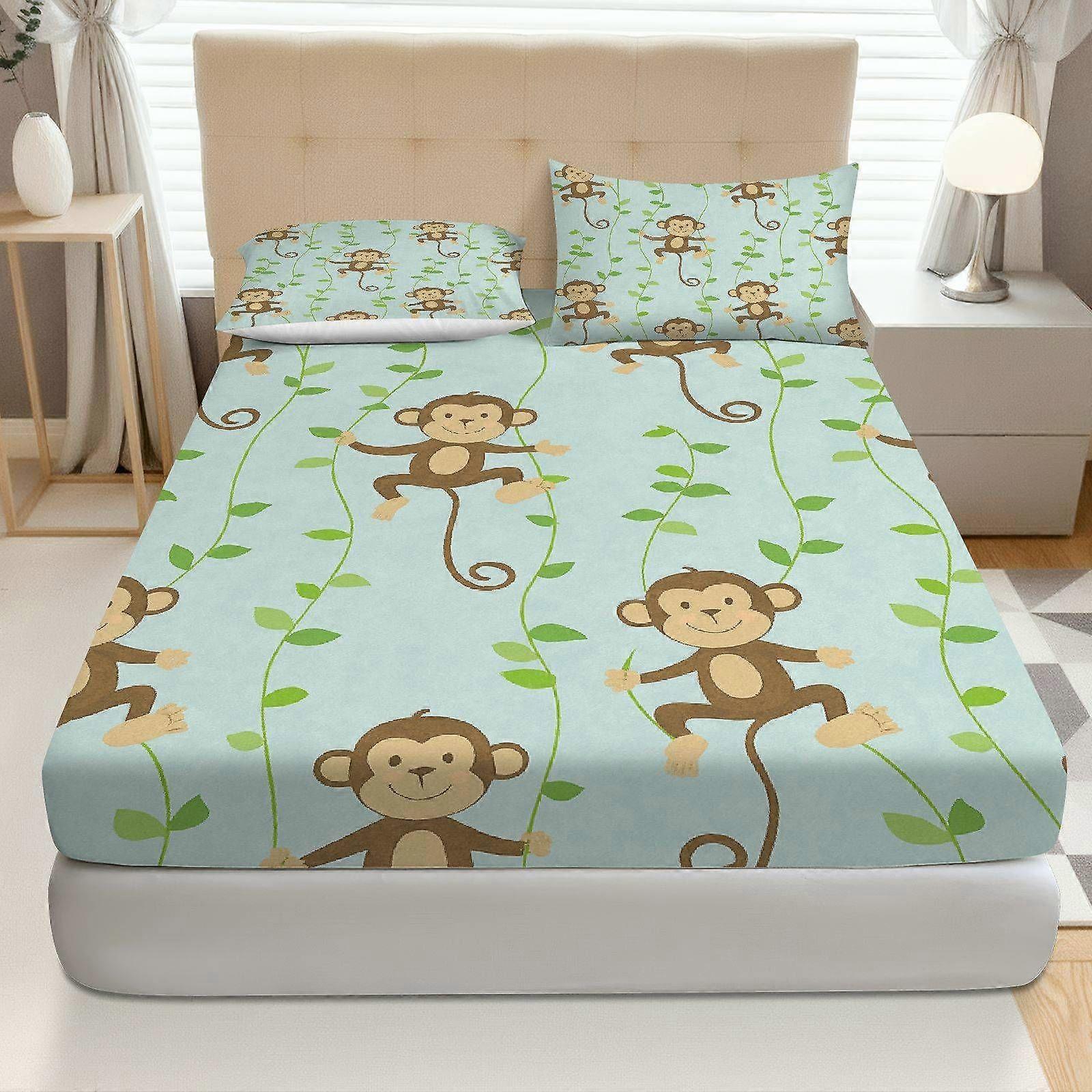 3pcs Playful Jungle Monkey Olive Fitted Sheet Three Piece Set