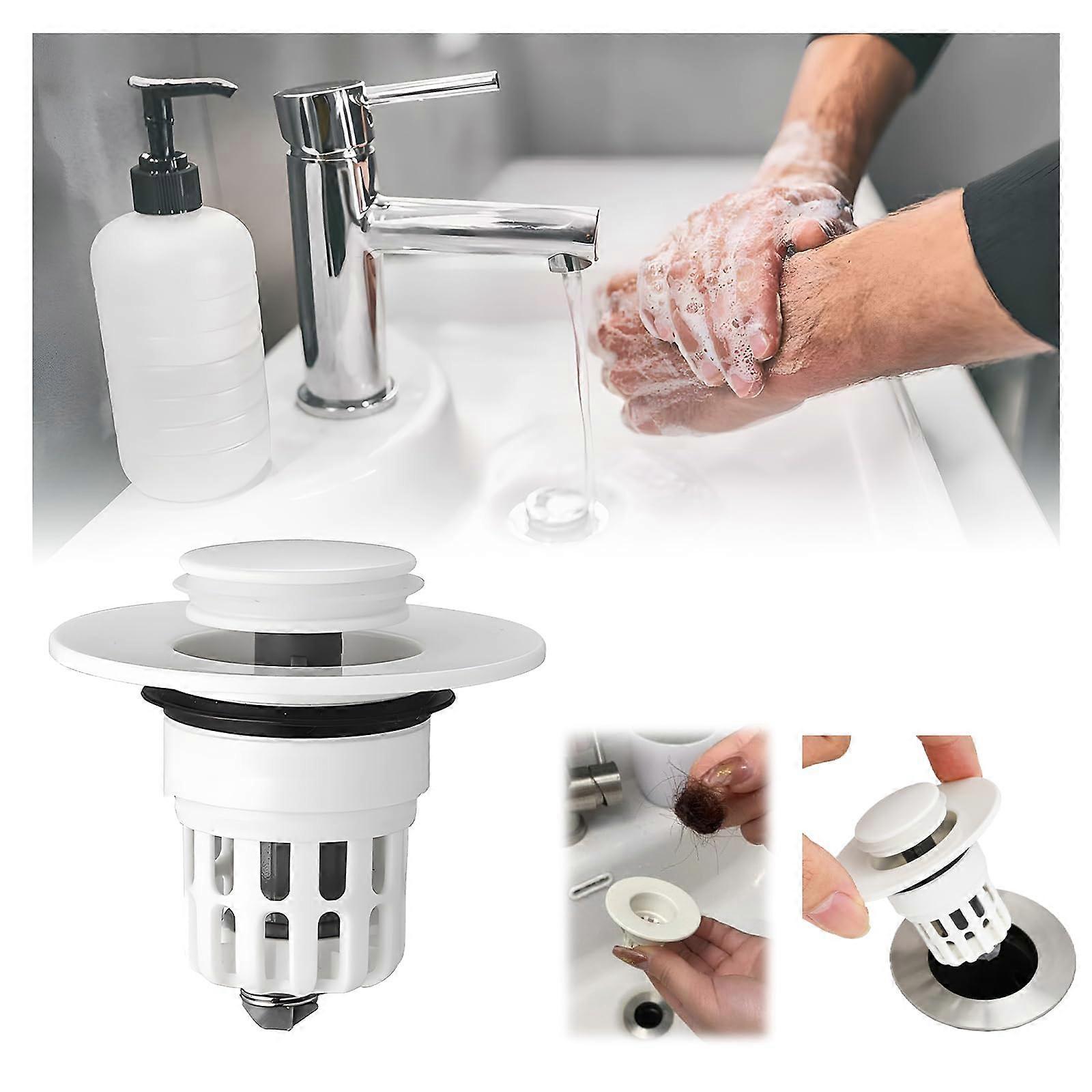 Universal Bathroom Sink Drain Stopper with AntiClogging Filter, LeakProof Press Bounce Plug, White