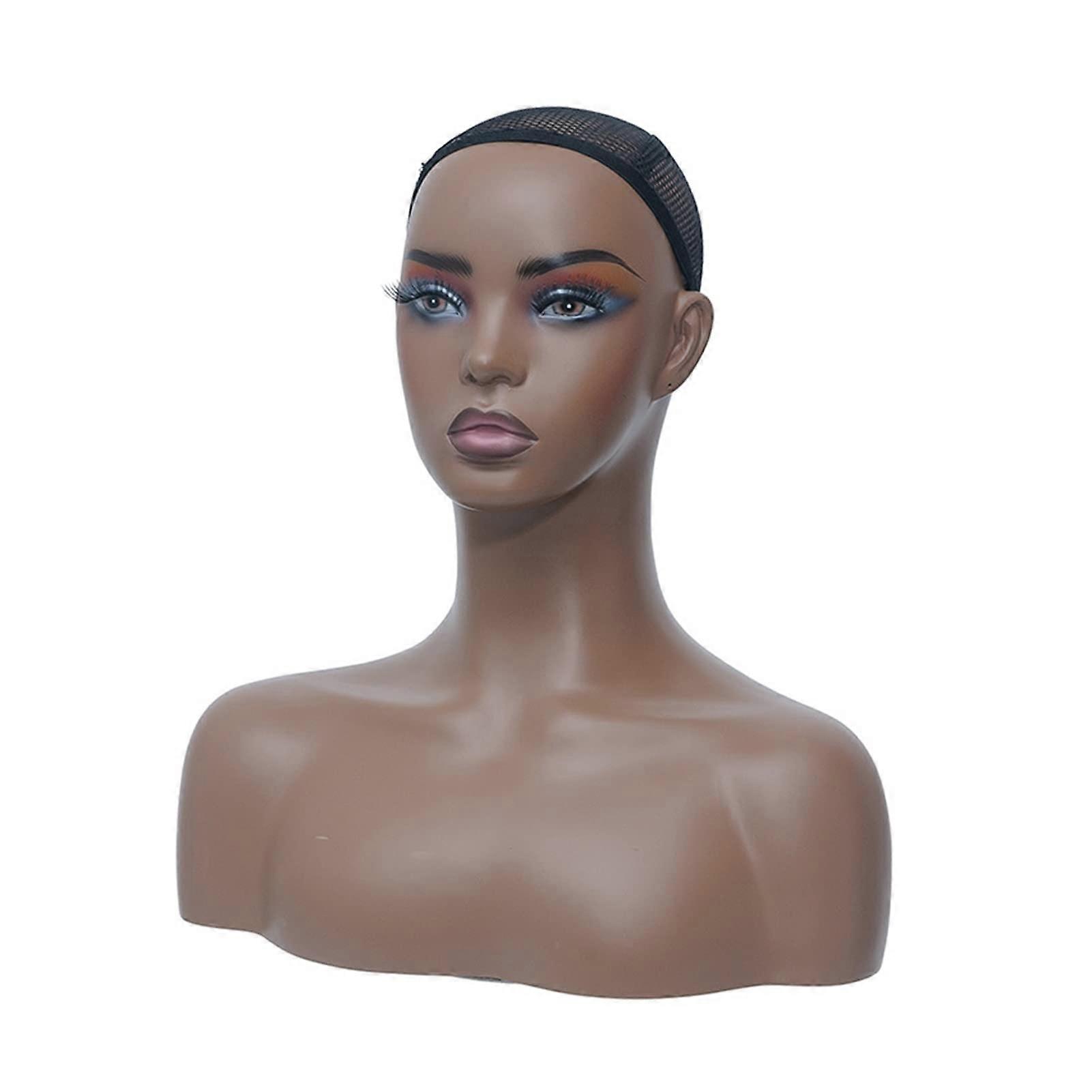 Mannequin Head Female Wig Display with Shoulders Dark Complexion Durable Lightweight Reusable