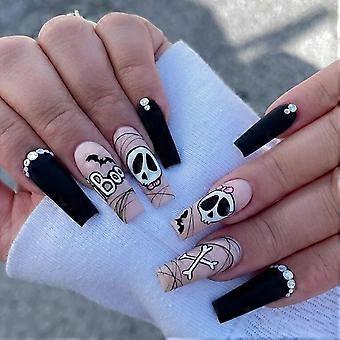 Halloween Coffin Press On Nails Long Black Nude Fake Nails with Bat Skull Rhinestones 24pcs