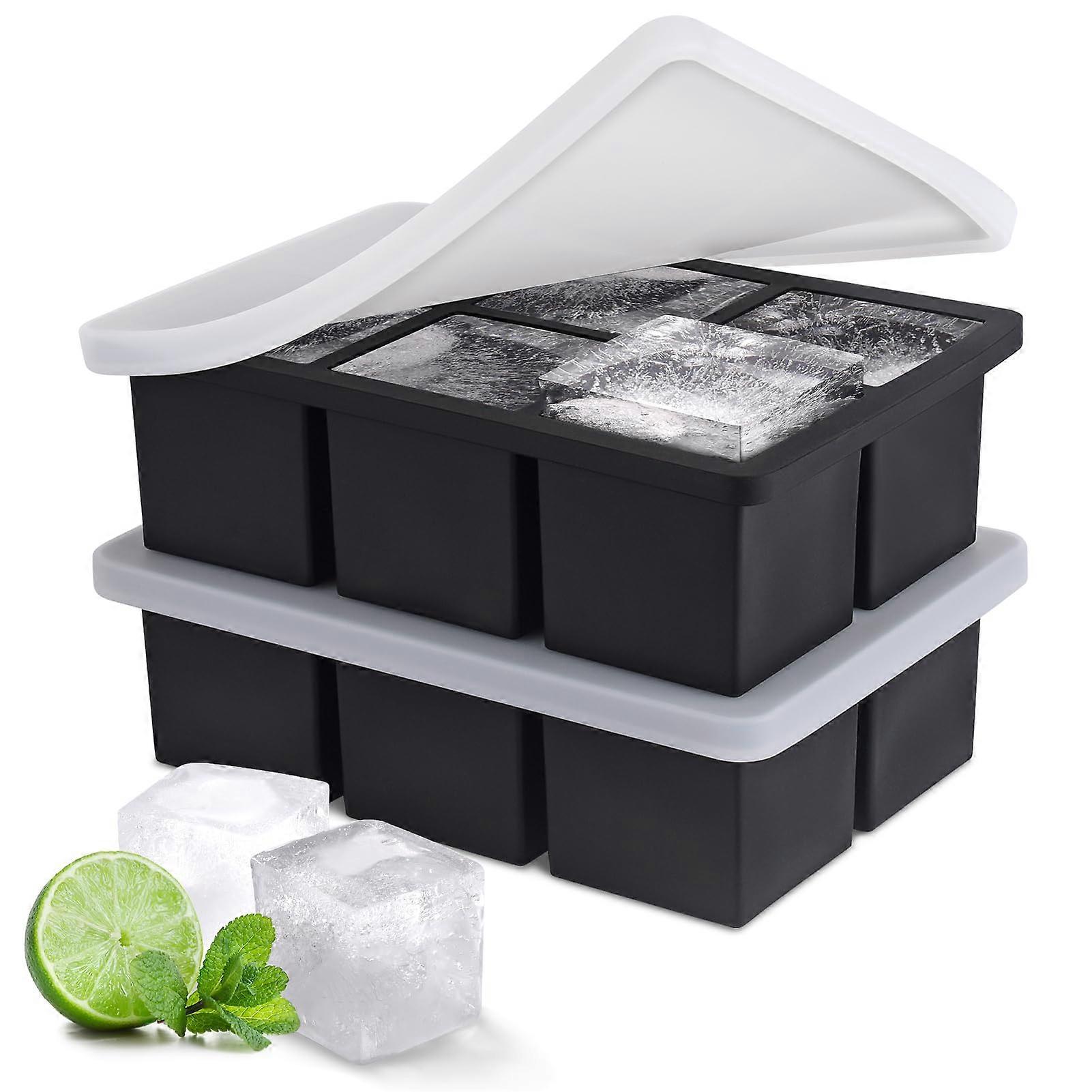 2 Pack Silicone Ice Cube Tray with Lid, Large Stackable Molds for Whiskey Cocktails Coffee Black