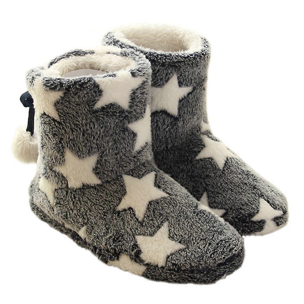 1 Pair Winter Bootie Slipper Star Pattern Warm Plush Boots with Fuzzy Balls
