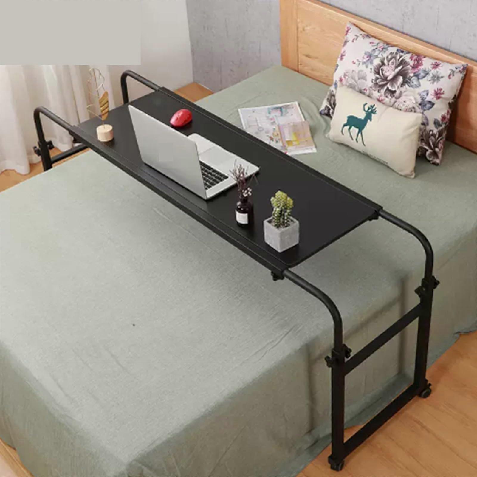 Adjustable Height Overbed Table with Wheels Black Rolling Laptop Desk Tray 120x46cm