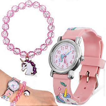 Montre licorne pour enfants, montre dessin animé avec bracelet délicat, cadeau d'anniversaire pour enfants, ronde, rose, 1 pièce