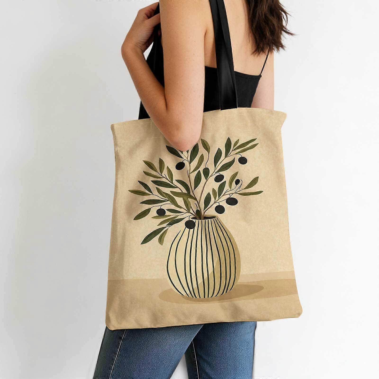 1 sac fourre-tout grande capacité + branche d'olivier dans un vase rayé + léger + résistant, double poignée et pliable pour les étudiants et les déplacements - Rpolk