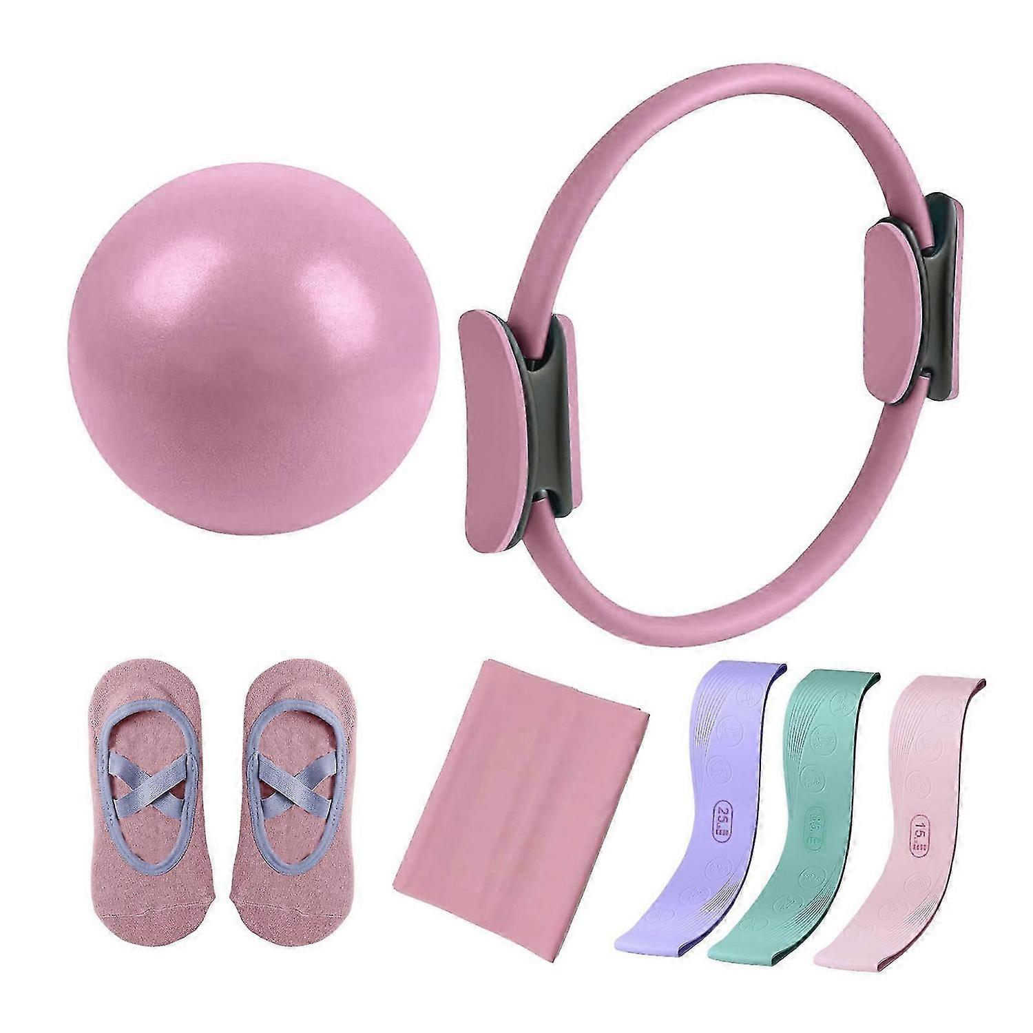 Kit essenziale Pilates da 7 pezzi, set fitness Pilates con Magic Circle, palla per esercizi, fascia elastica, accessori per allenamento, colore rosa