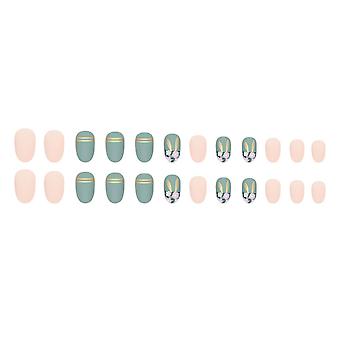 Matcha Green & Nude With Gold Line Printed False Nails With Harmless And Smooth Edge Nails For Shopping Traveling Dating