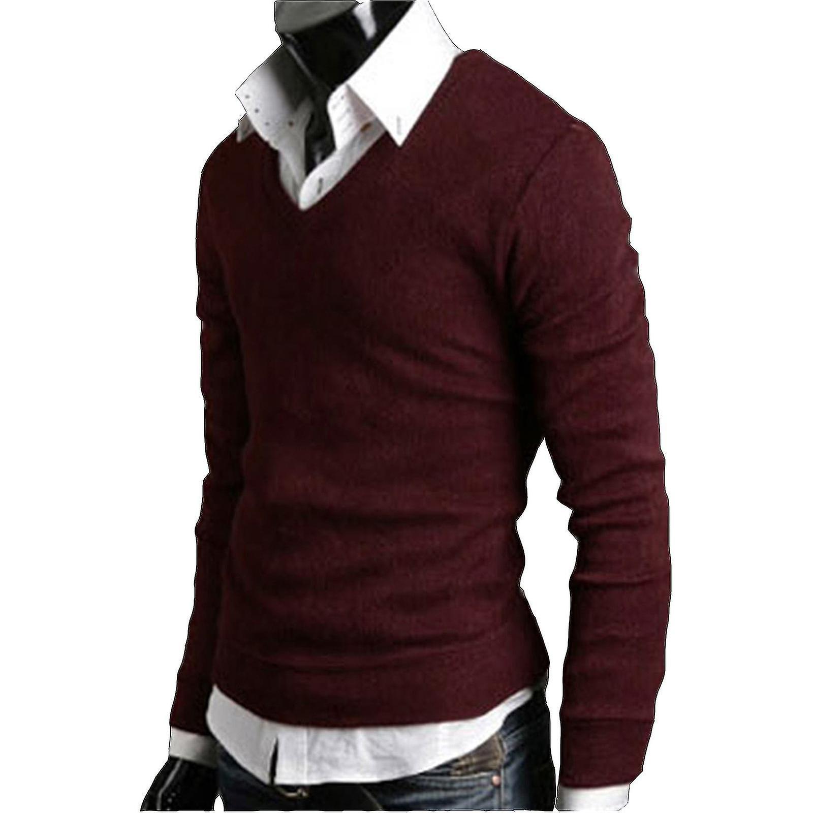 Men Plain V-neck Knitted Jumper Pullover Sweater