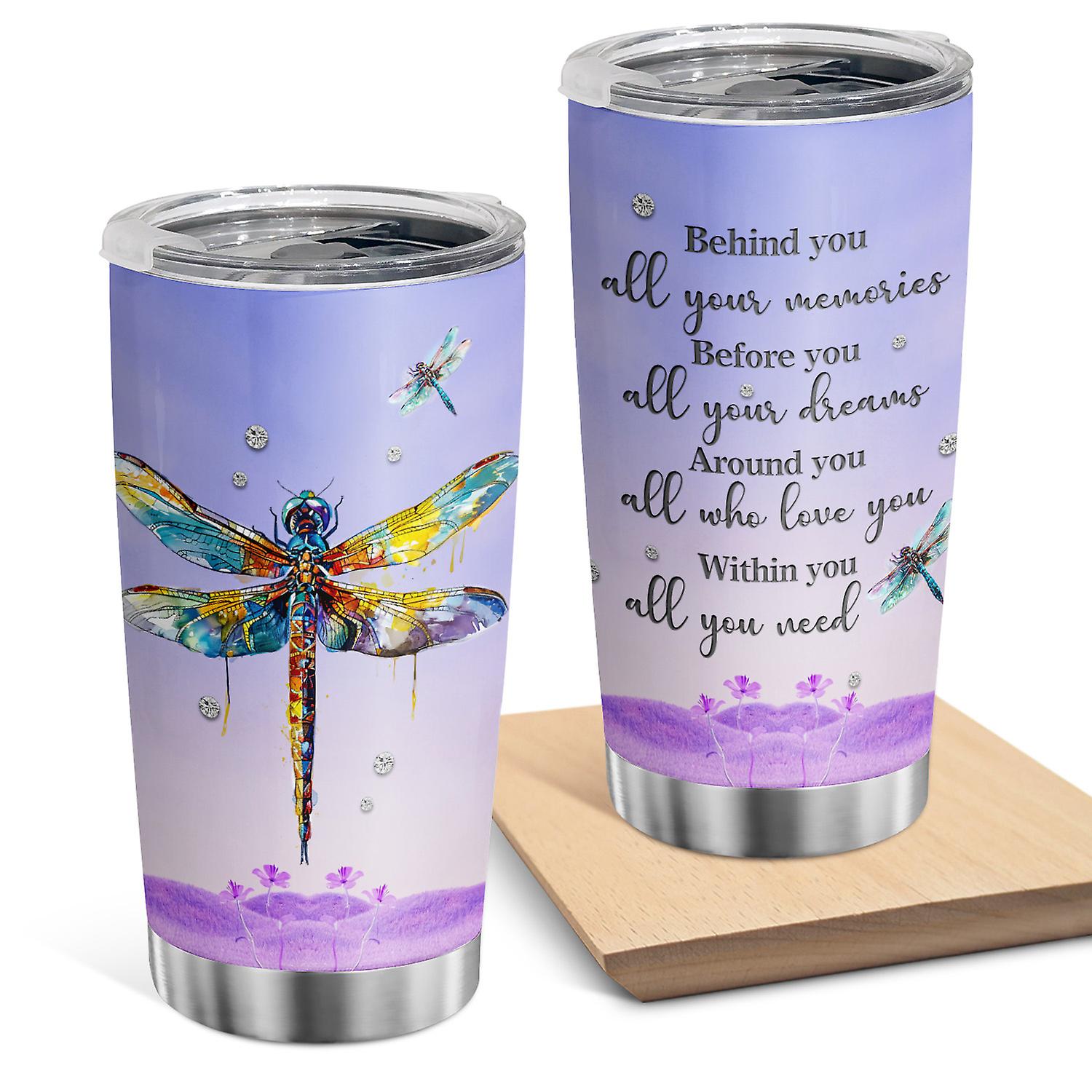 Oasisdream 20oz Double Wall Vacuum Insulated Tumbler with Dragonfly and Flowers Design
