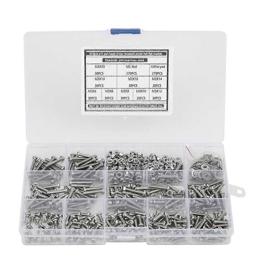 810pcs 304 rustfritt stål M3 rund hode skrue mutter pakning sortiment sett kit