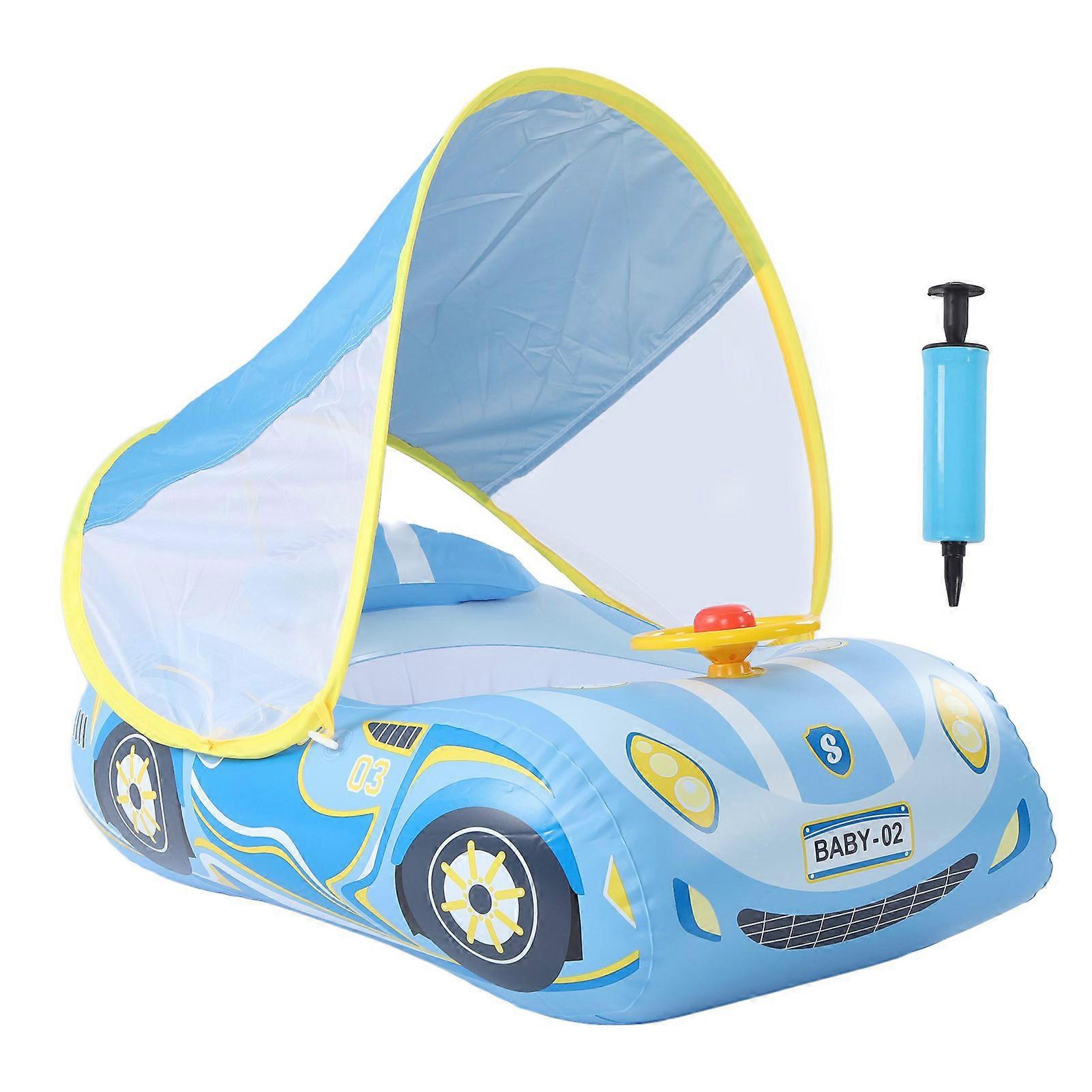 Baby Inflatable Swimming Float Car Shape Ride On Pool Float with Horn and Sunshade for 1 to 4 Years Old Toddlers Blue