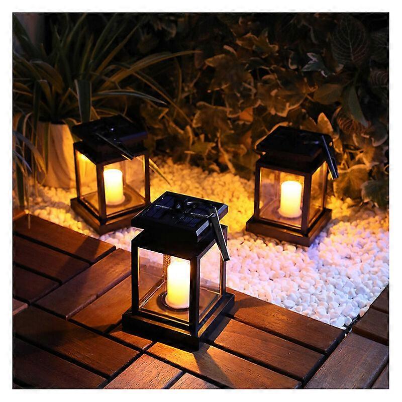 Festive Lights Black Outdoor Decorative Solar Lanterns, Matte with LED Candle Lights Waterproof Flickering Effect (2 Pieces)