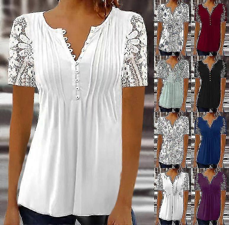 Kısa Kollu Bayanlar Dantel Çiçekli T Shirt Bayan Üst Bluz V Yaka Yüksek