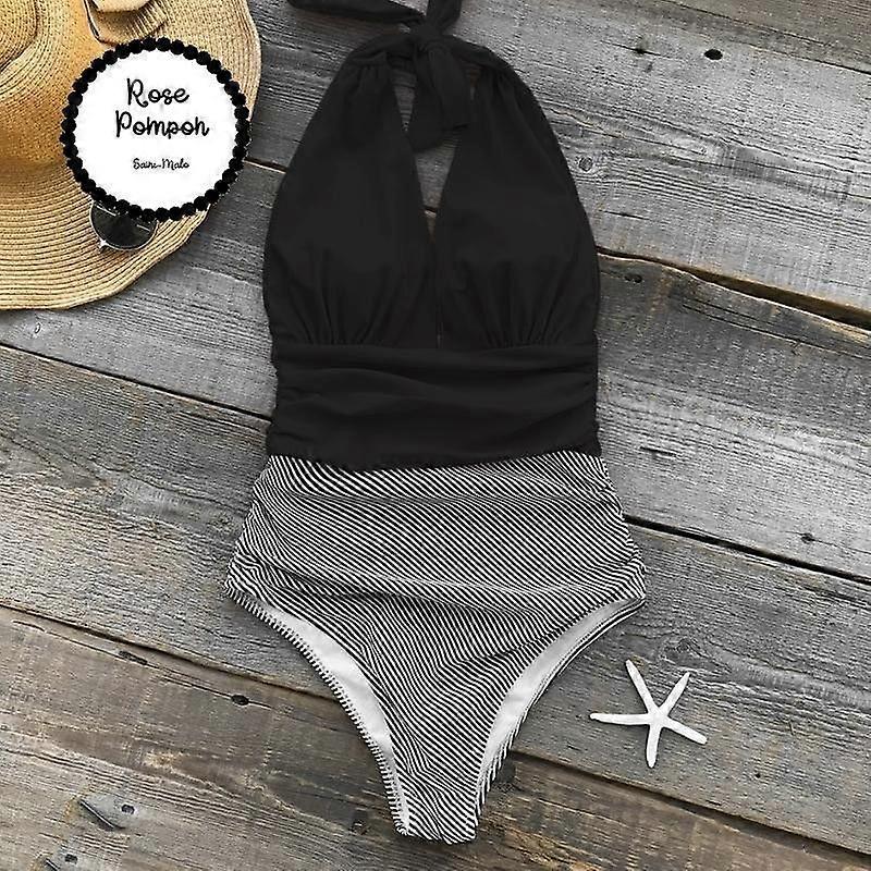 One Piece Maternity Swimsuits Stripe Halter Swimwear Deep V Neck Monokini High Waisted Bathing Suits Black (S