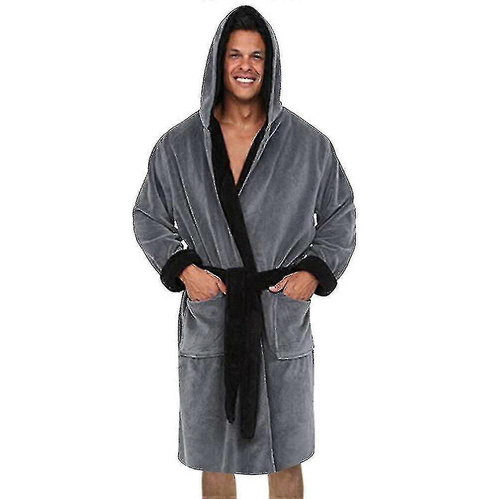 Men Hooded Fleece Dressing Bathrobe