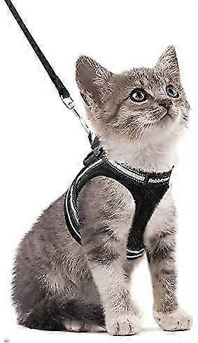 Cat Harness With Leash, Kitten Harness With Reflective Strips, Black Black Breathable Mesh Cat Chest Harness Size S