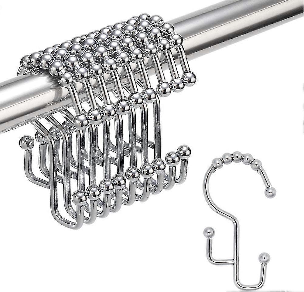 Shower Curtain Hooks With Double Different Heights, Stainless Steel Easily-glide Polished Chrome Shower Hooks, Polished Chrome, Set Of 12 Hooks